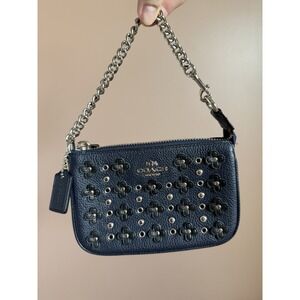 Coach Navy Pebbled Leather Shoulder Bag Floral Studded Chain Silver Hardware